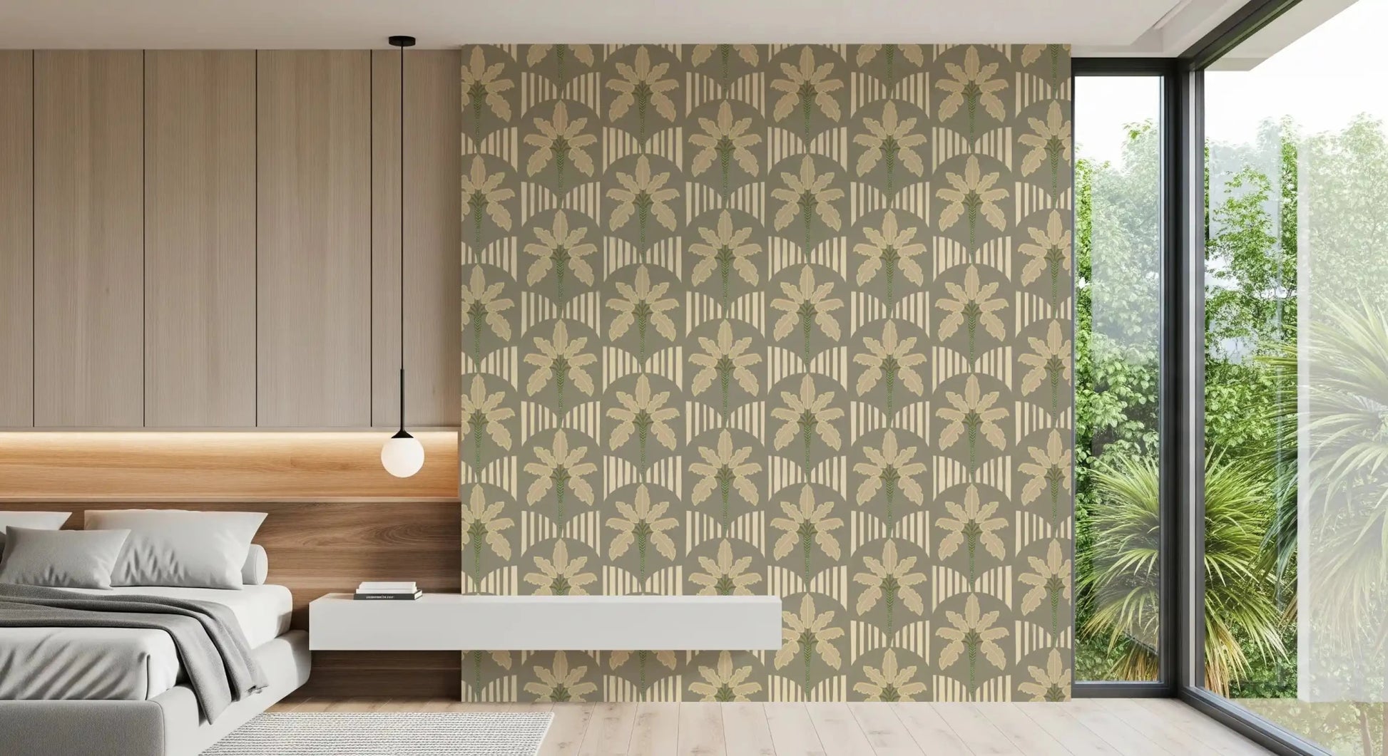 Palm leaf wallpaper featuring slim stems and soft outlined foliage, GD9079