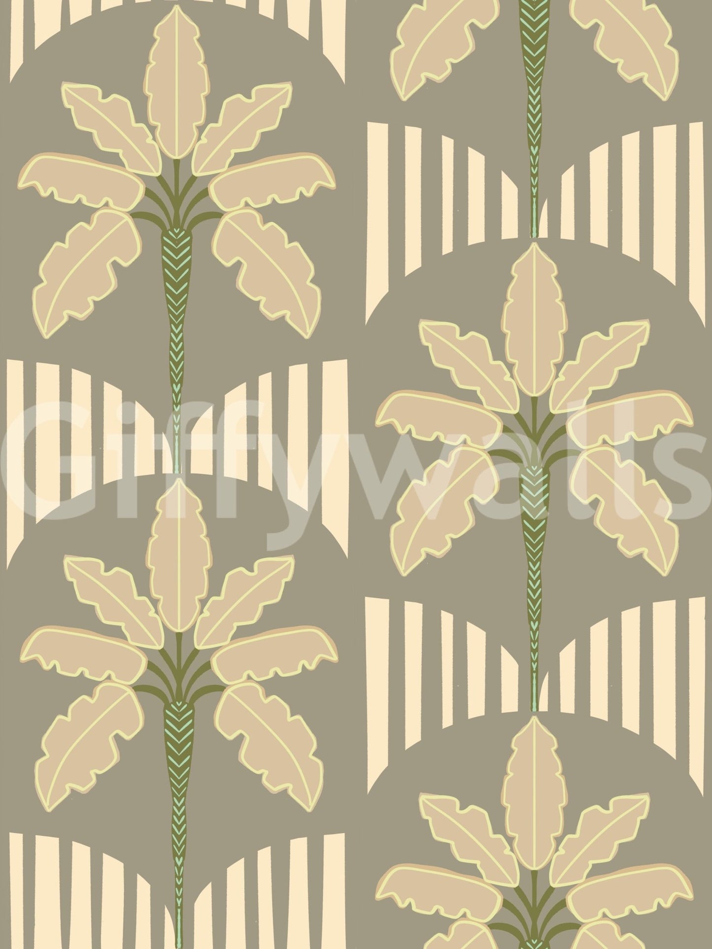 Botanical wallpaper showing palm outlines on earthy green-beige ground, GD9079