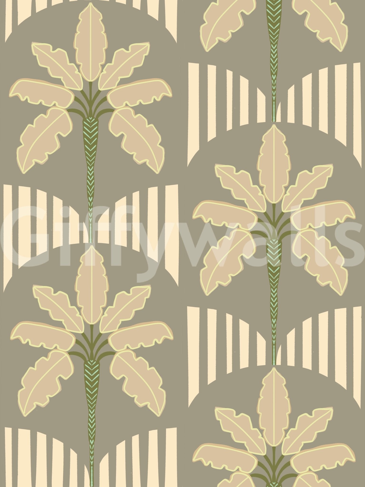 Botanical wallpaper showing palm outlines on earthy green-beige ground, GD9079