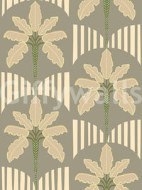 Botanical wallpaper showing palm outlines on earthy green-beige ground, GD9079