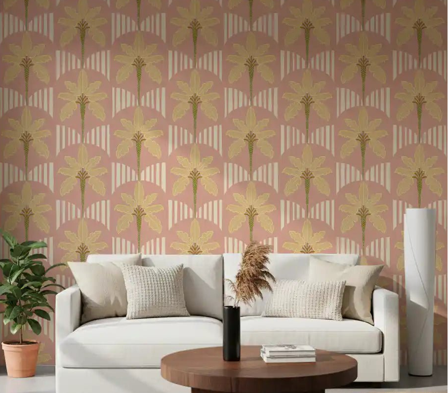 Living room Retro Palm Paradise Wallpaper with blush palm pattern