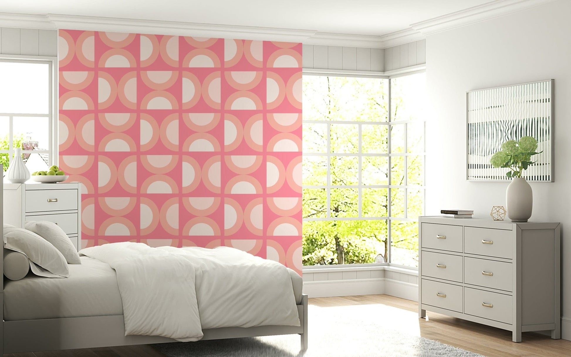 Delightful geometric print surface, inviting pink peach scheme.