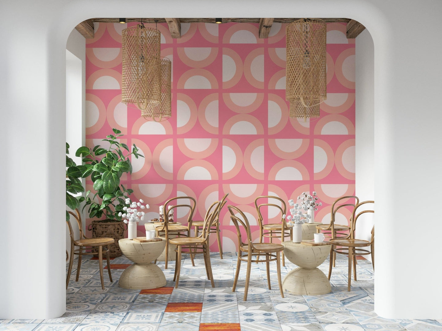 Stylish curved shapes design, vibrant Retro Peach Arcs for walls.