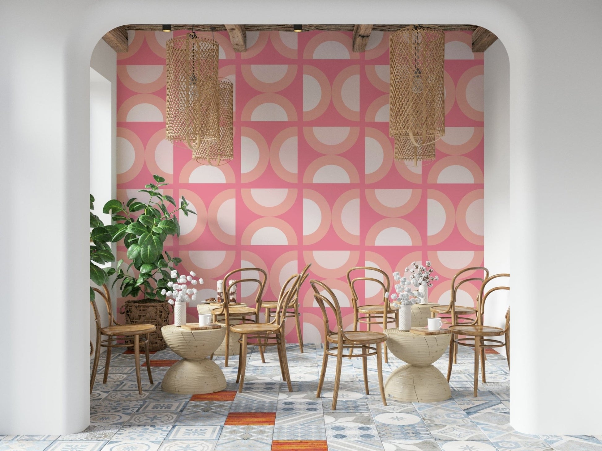 Stylish curved shapes design, vibrant Retro Peach Arcs for walls.