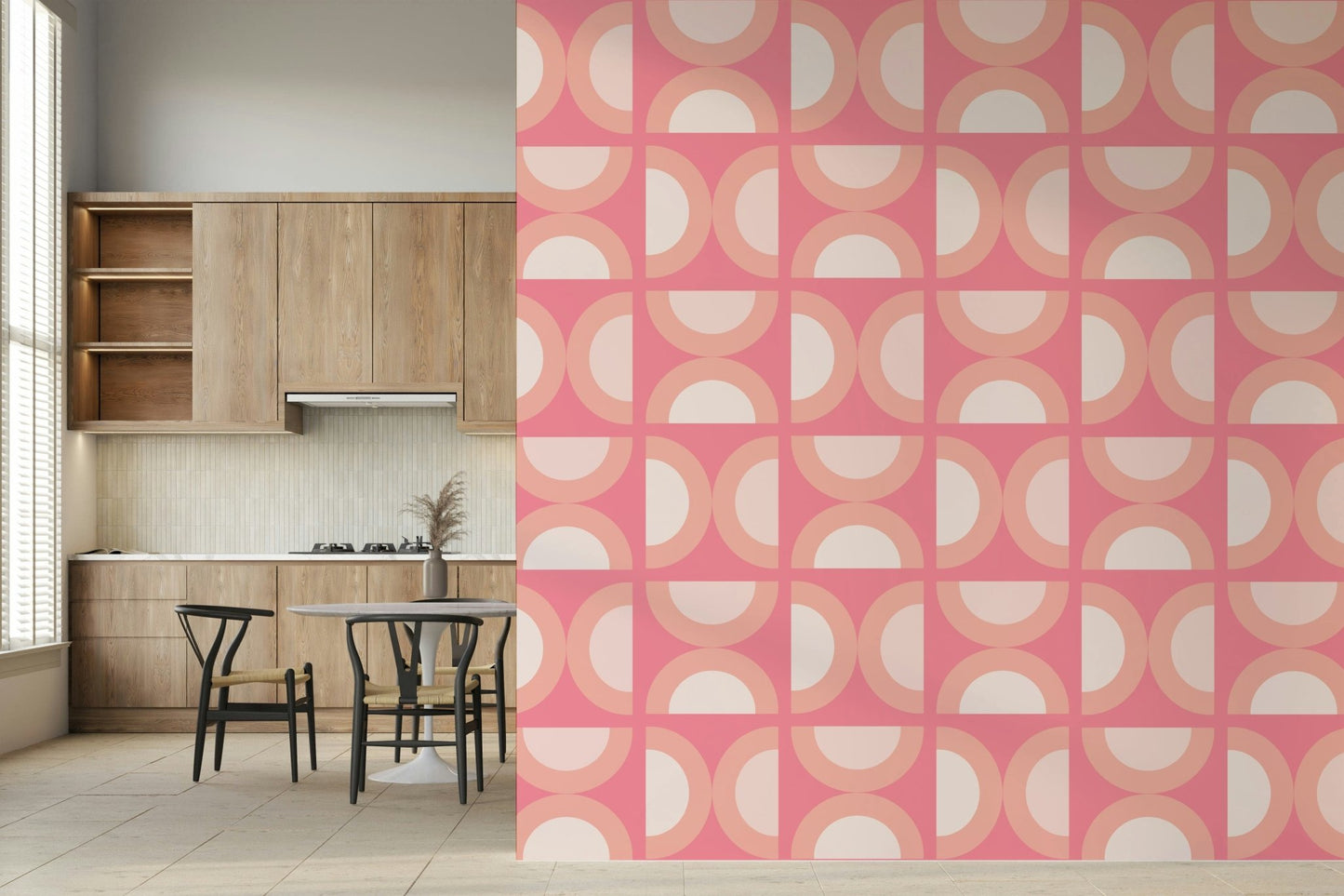 Quirky half-circle repeat motif for Retro Peach Arcs statement wall.