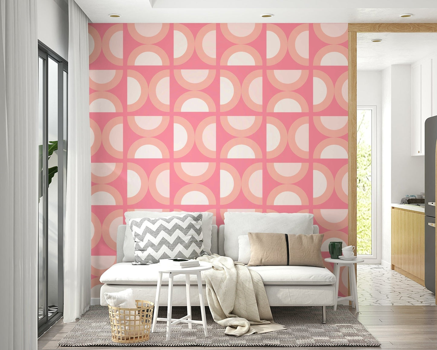 Beautifully simple Retro Peach Arcs wallcovering, aesthetic look.