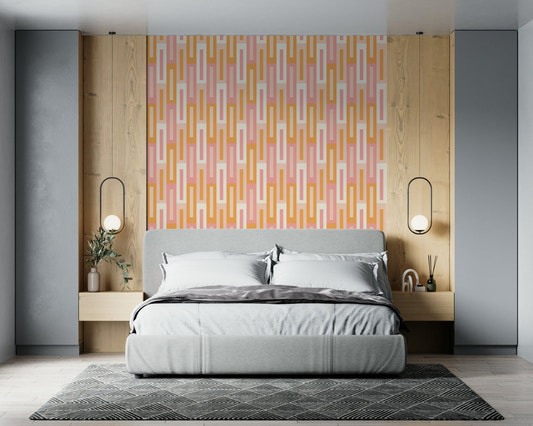 A beautiful retro maze wallpaper mural with geometric circles and lines in peach and blush tones.