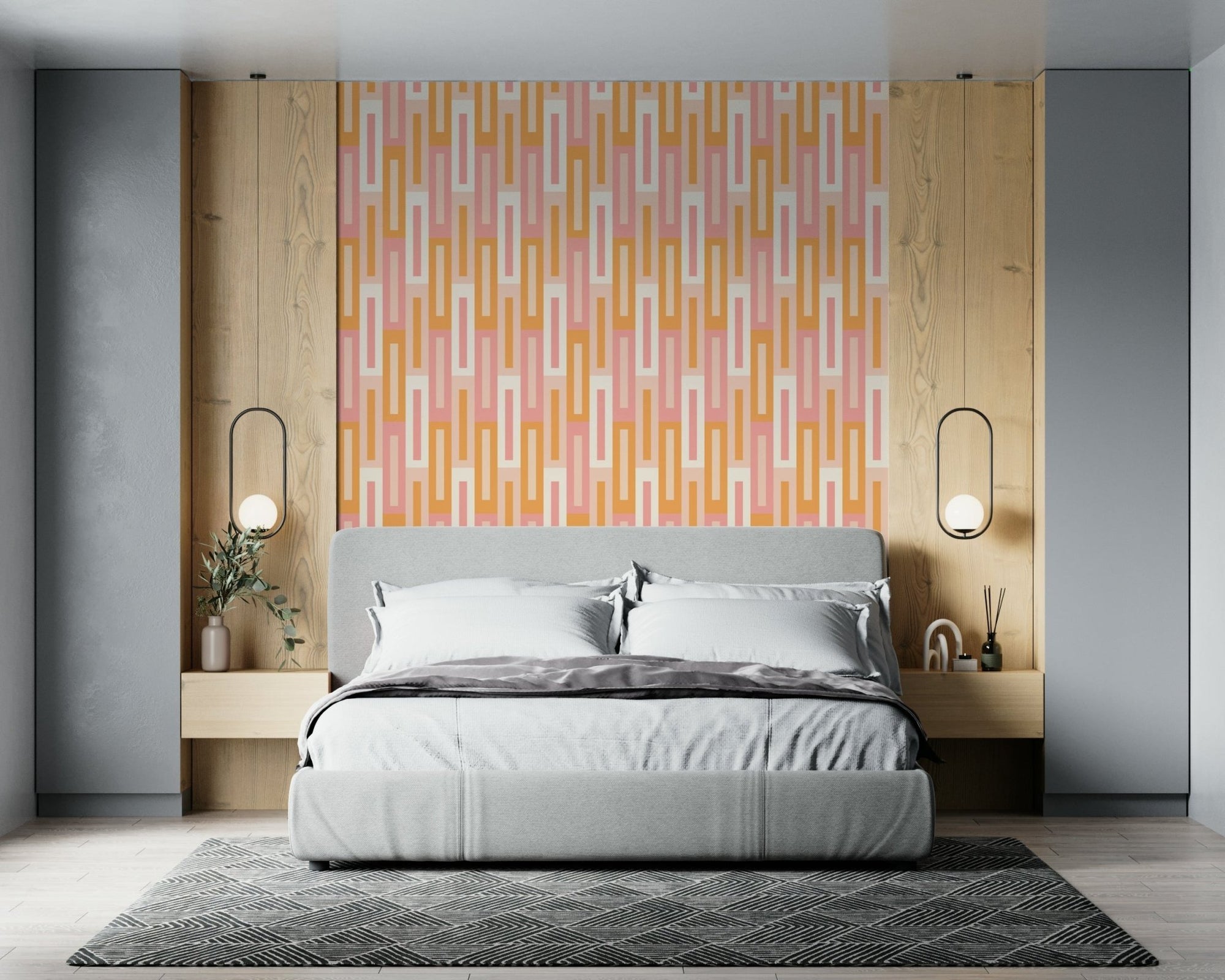A beautiful retro maze wallpaper mural with geometric circles and lines in peach and blush tones., GD5982