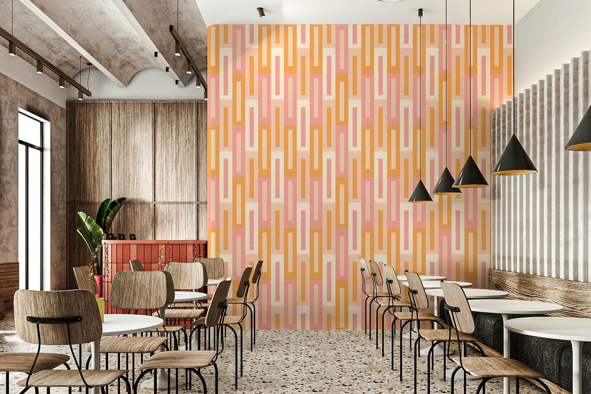 A peaceful retro abstract mural on decorative wallpaper.