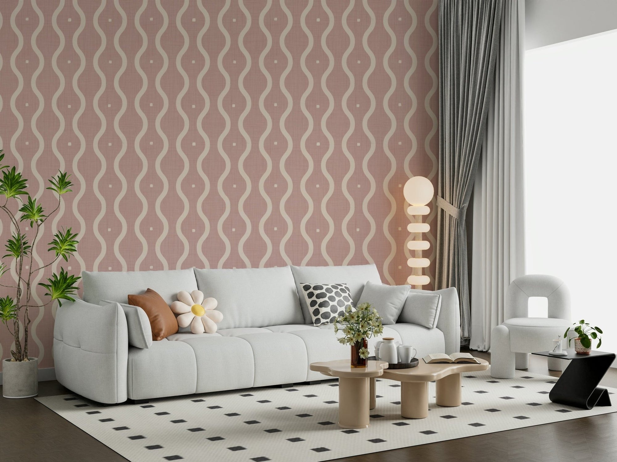 Hallway lit through with retro peach waves wallpaper, calm pastel flow, GD7009