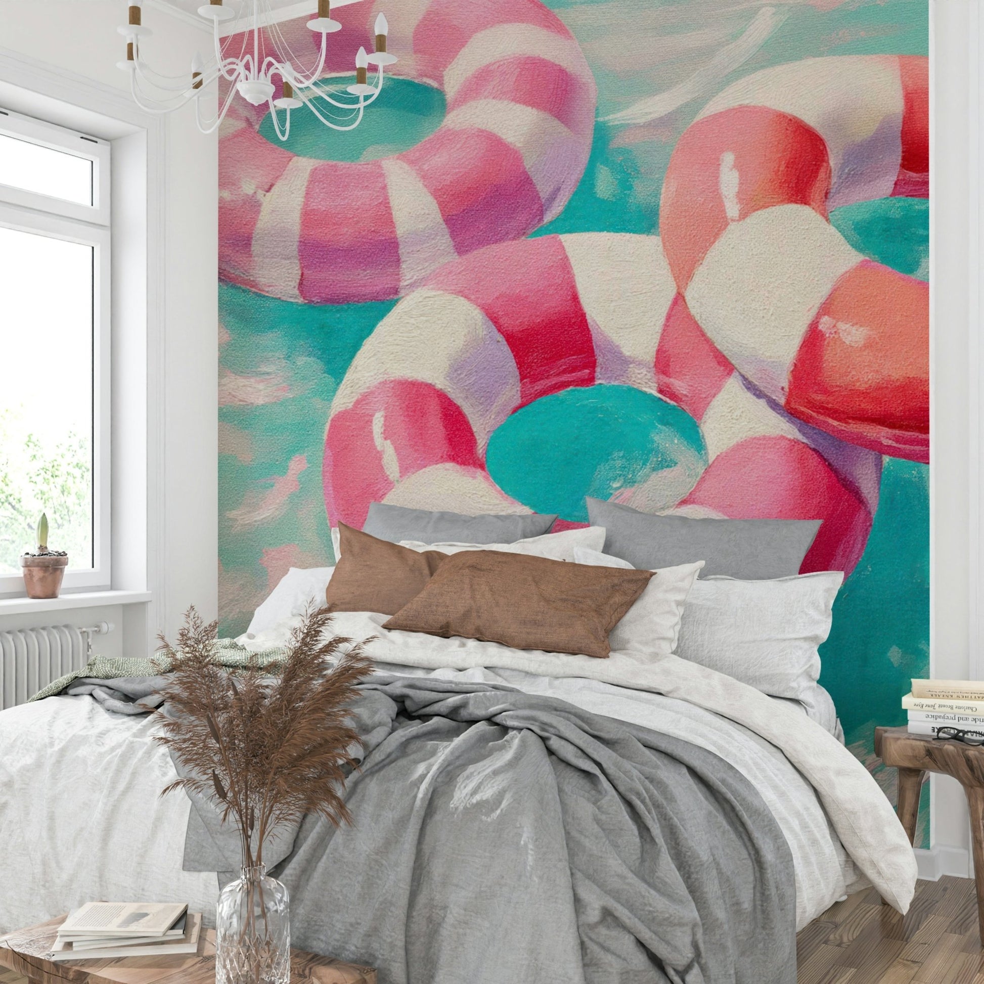 Mid-century poolside mural in bold summer colors

