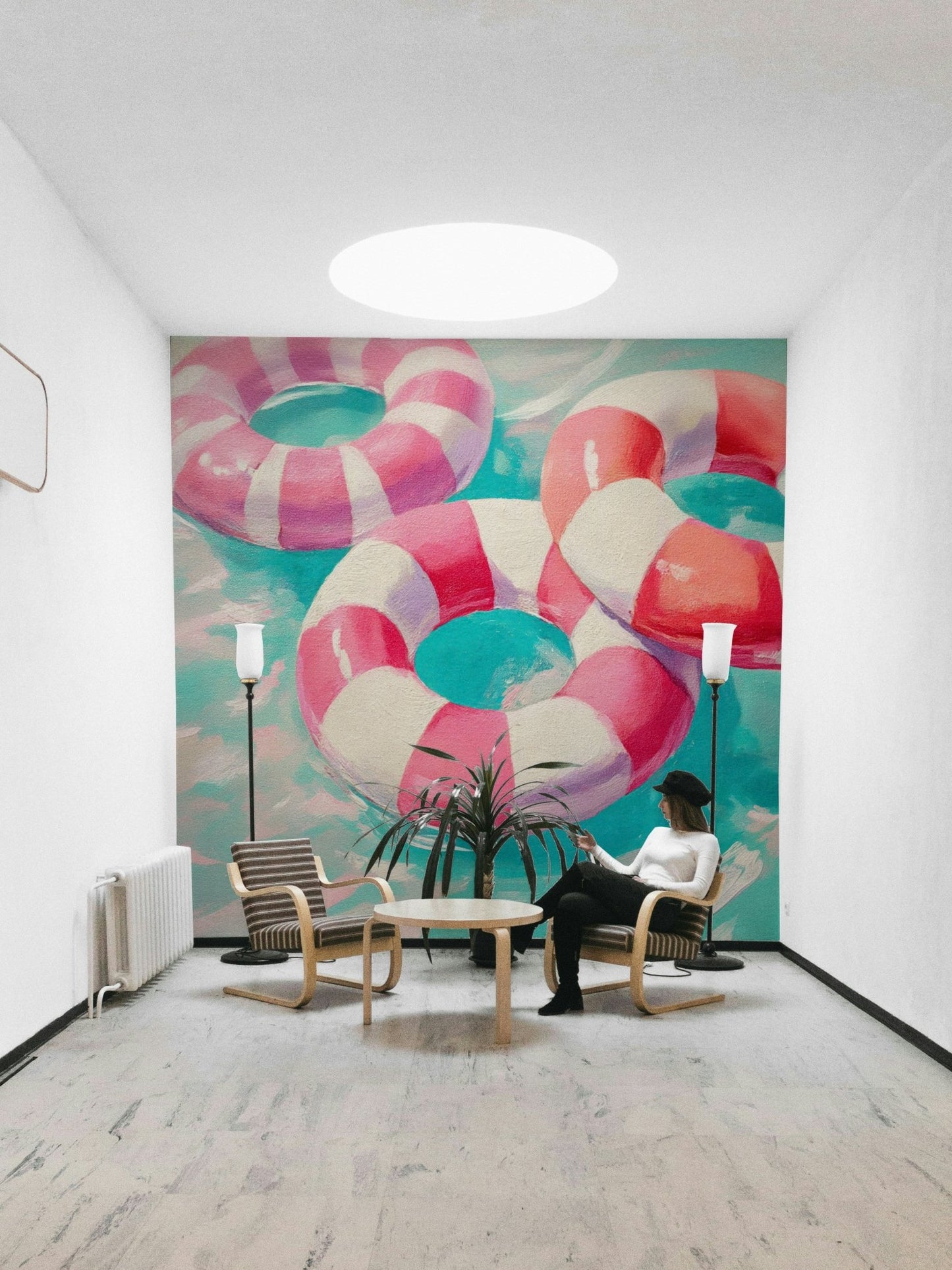 Eclectic living room with Retro Pool Party mural backdrop

