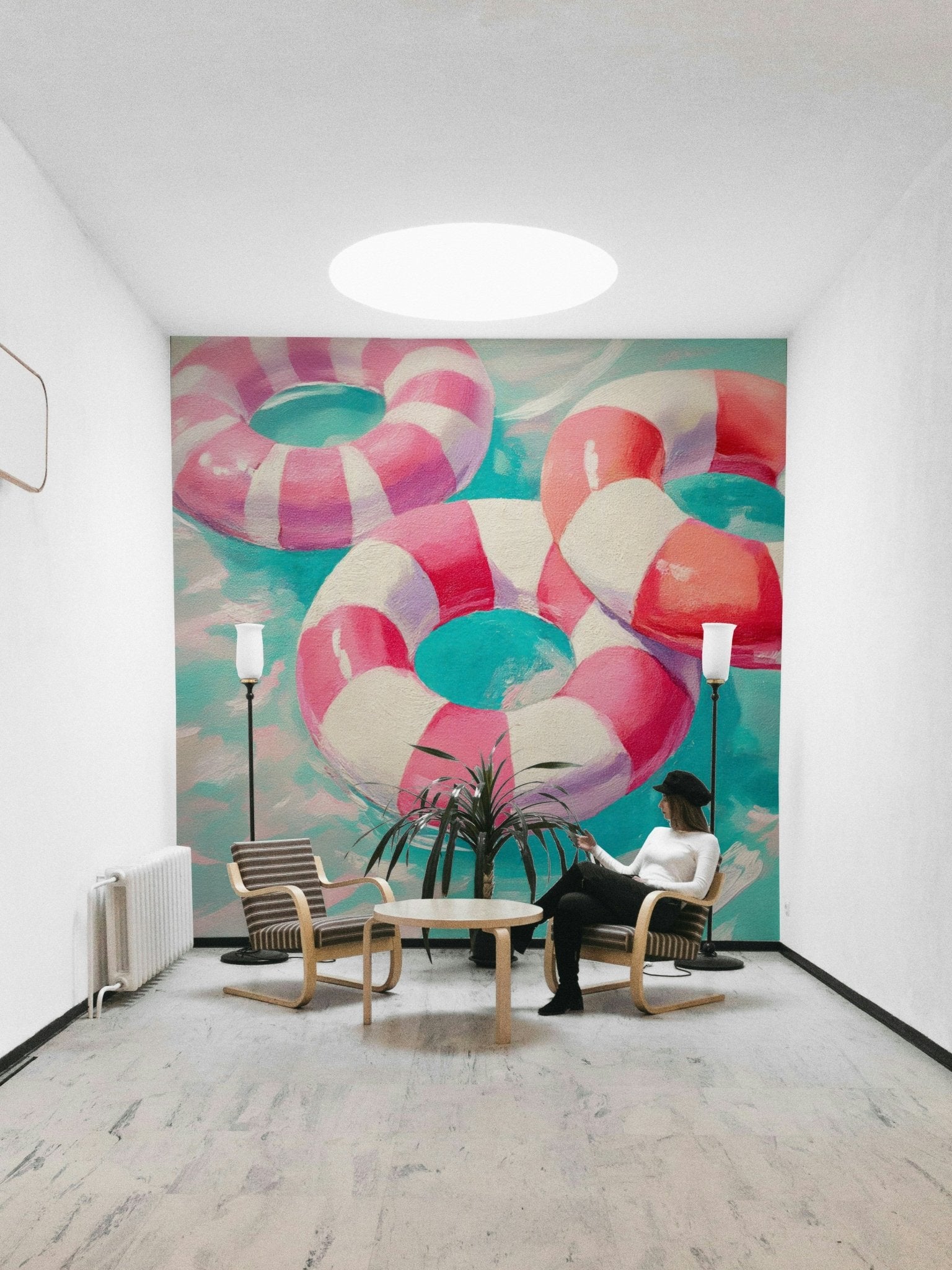 Eclectic living room with Retro Pool Party mural backdrop

