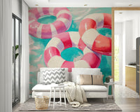 Turquoise and coral tones in retro summer wall design

