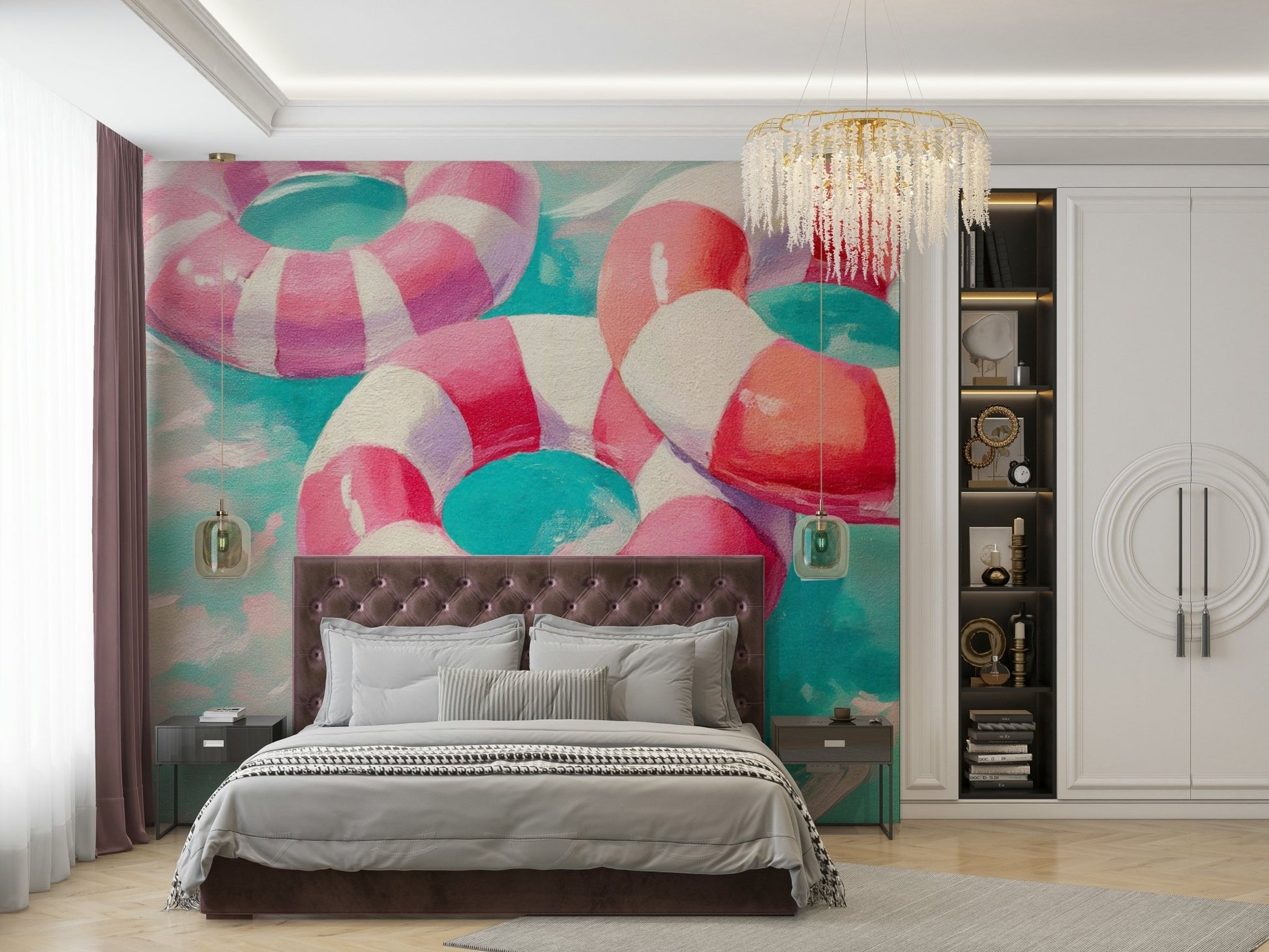 Vintage fashion and swimwear in mid-century mural style

