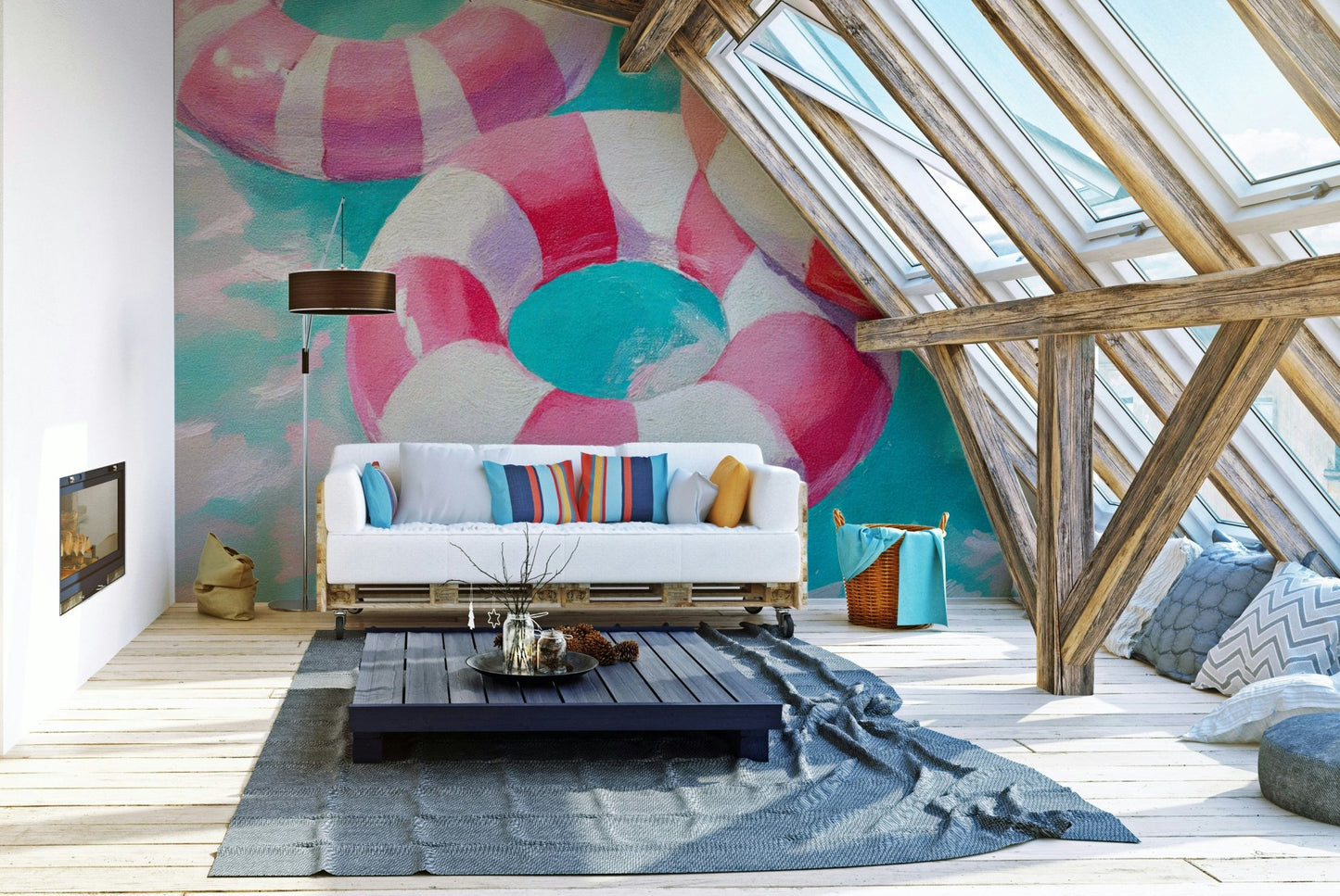 Palm trees and swimmers in a retro wall mural

