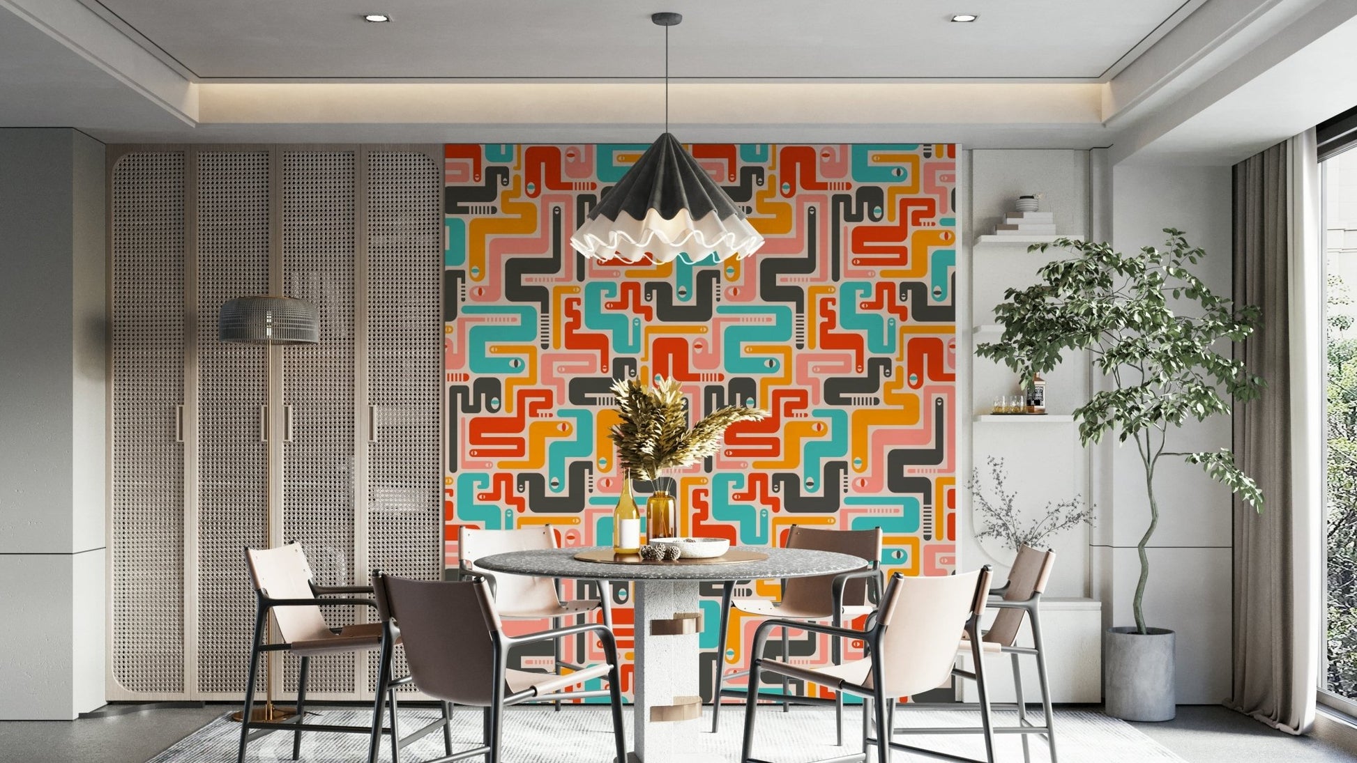 Dynamic color palette with strong contrast.

