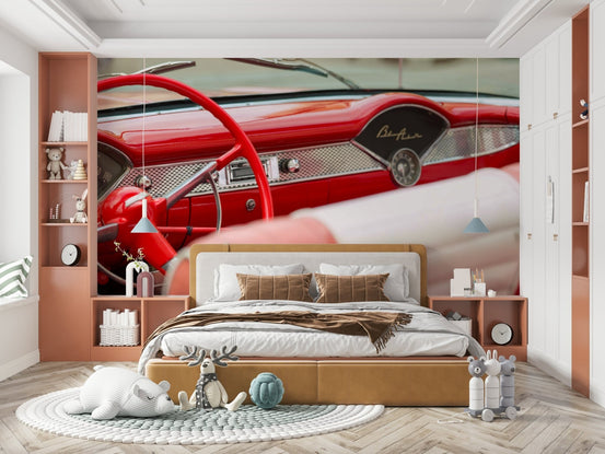 Retro Red Bel Air Style wall mural showing a classic red convertible interior GD5003
