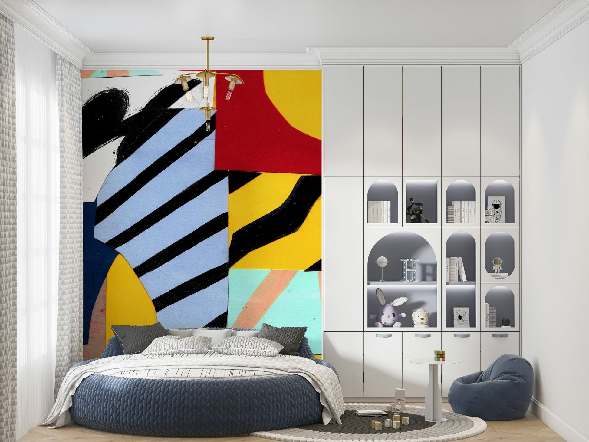 An artistic retro design mural on minimalist wallpaper.
