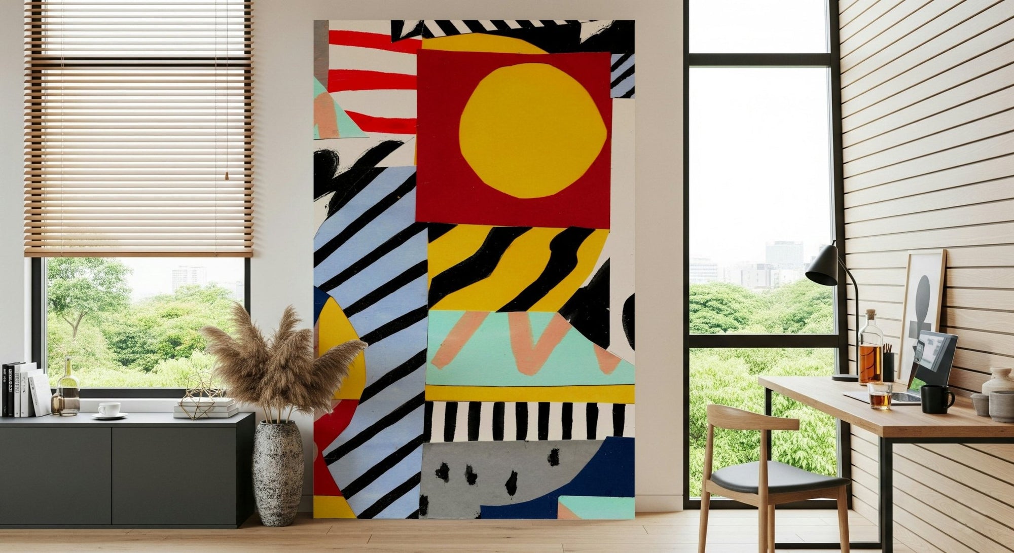 A beautiful retro remix wallpaper mural with geometric shapes and abstract elements., GD5387