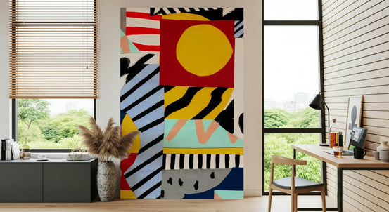 A beautiful retro remix wallpaper mural with geometric shapes and abstract elements., GD5387