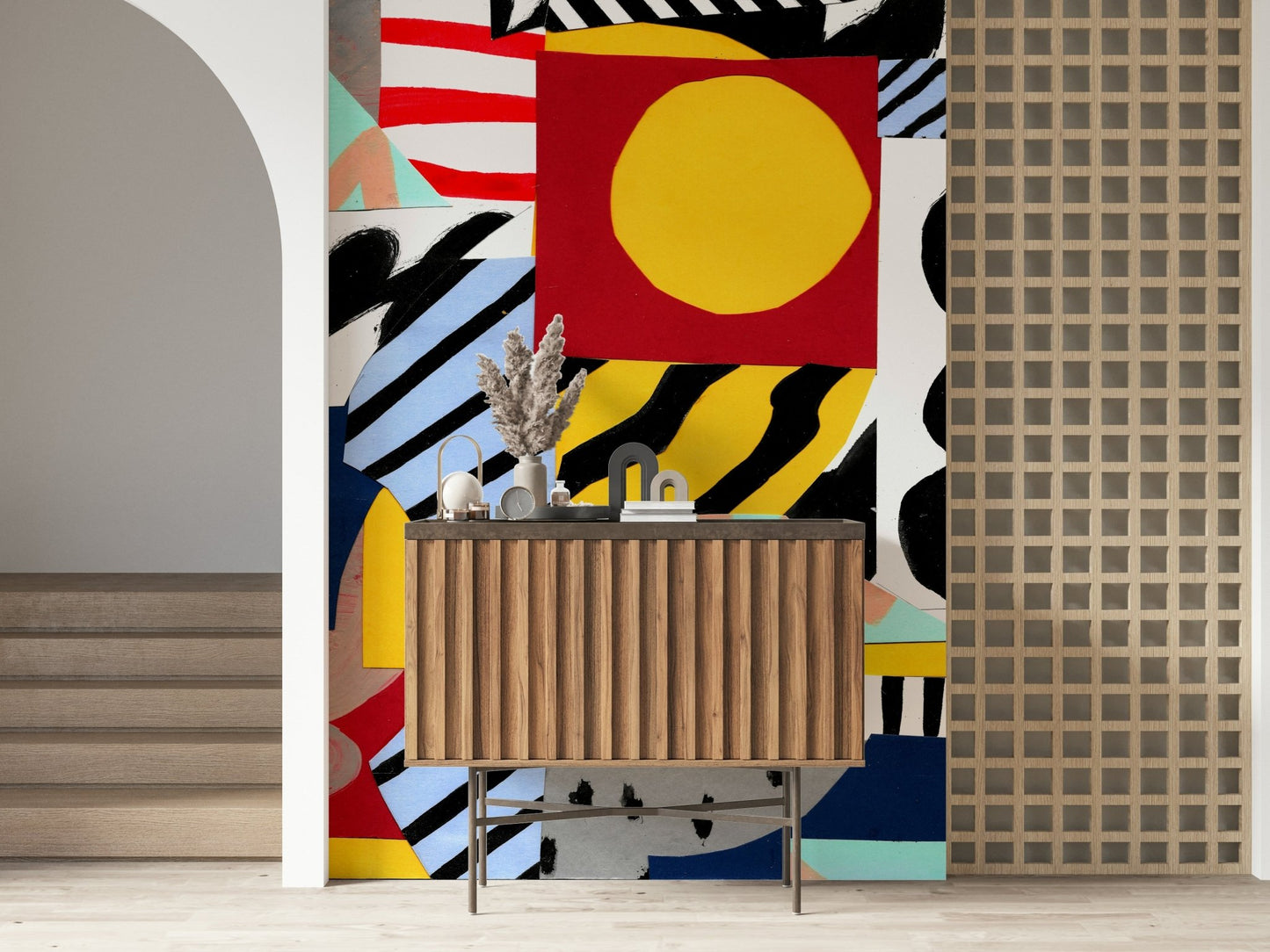 A peaceful retro abstract mural on decorative wallpaper.
