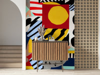 A peaceful retro abstract mural on decorative wallpaper.
