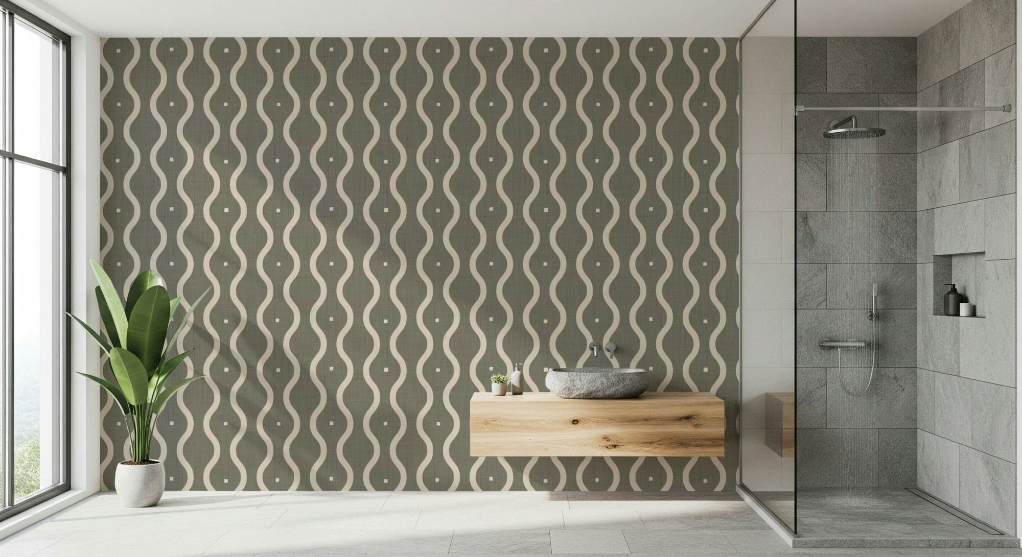 Retro Rhythm Taupe Wallpaper with wavy beige bands and mid-century geometric flow, GD7014