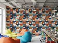 Vibrant geometric wallpaper mural, Retro Rhythm, joyful modern home backdrop.