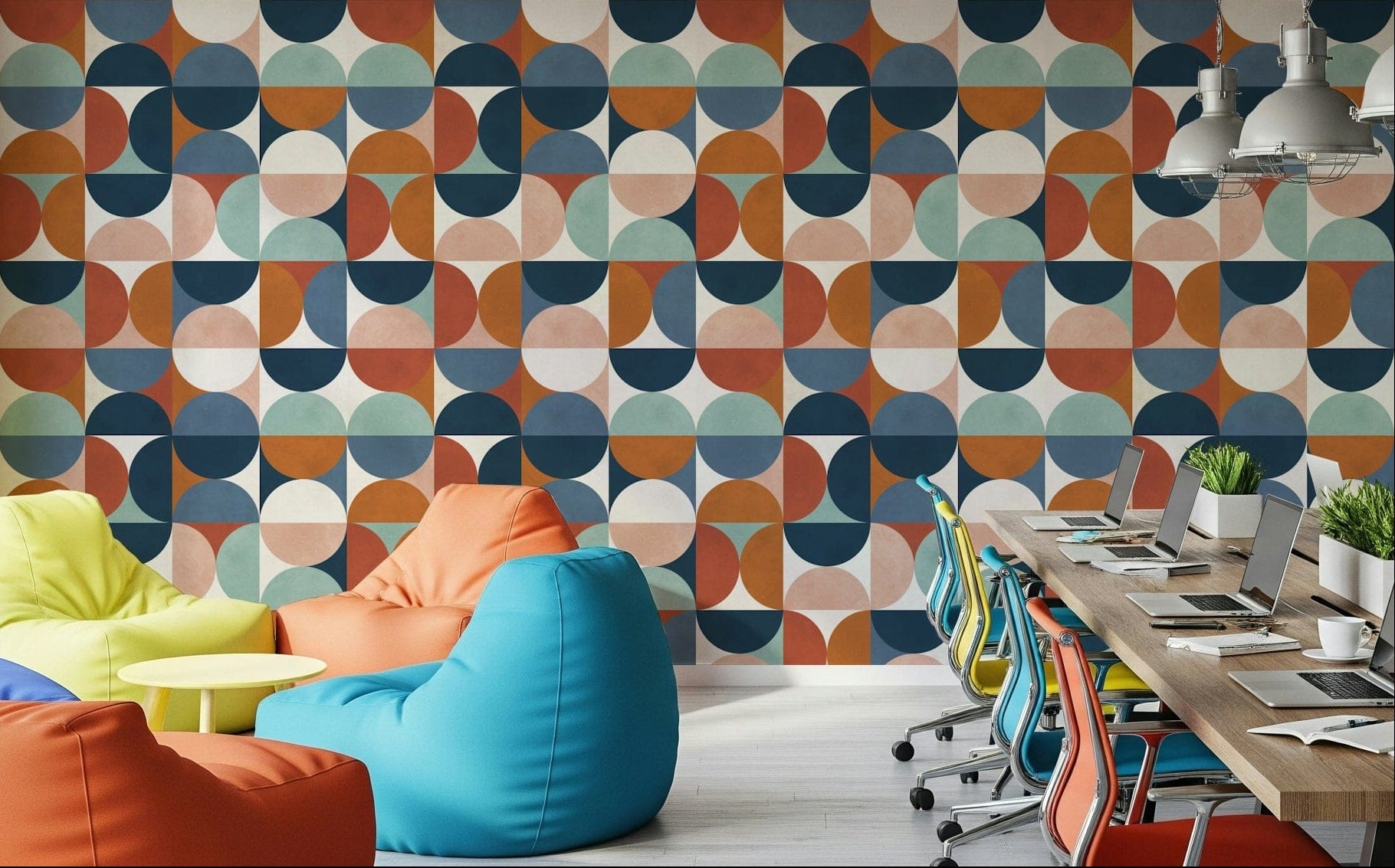 Vibrant geometric wallpaper mural, Retro Rhythm, joyful modern home backdrop., GD7133
