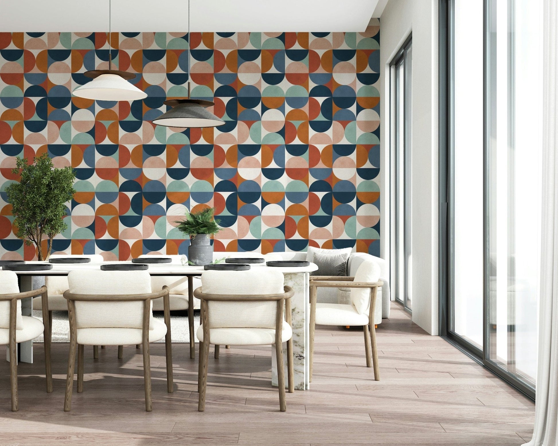 Retro Rhythm wallpaper, interlocking semicircles, striking colorful wall art.