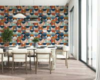 Retro Rhythm wallpaper, interlocking semicircles, striking colorful wall art.