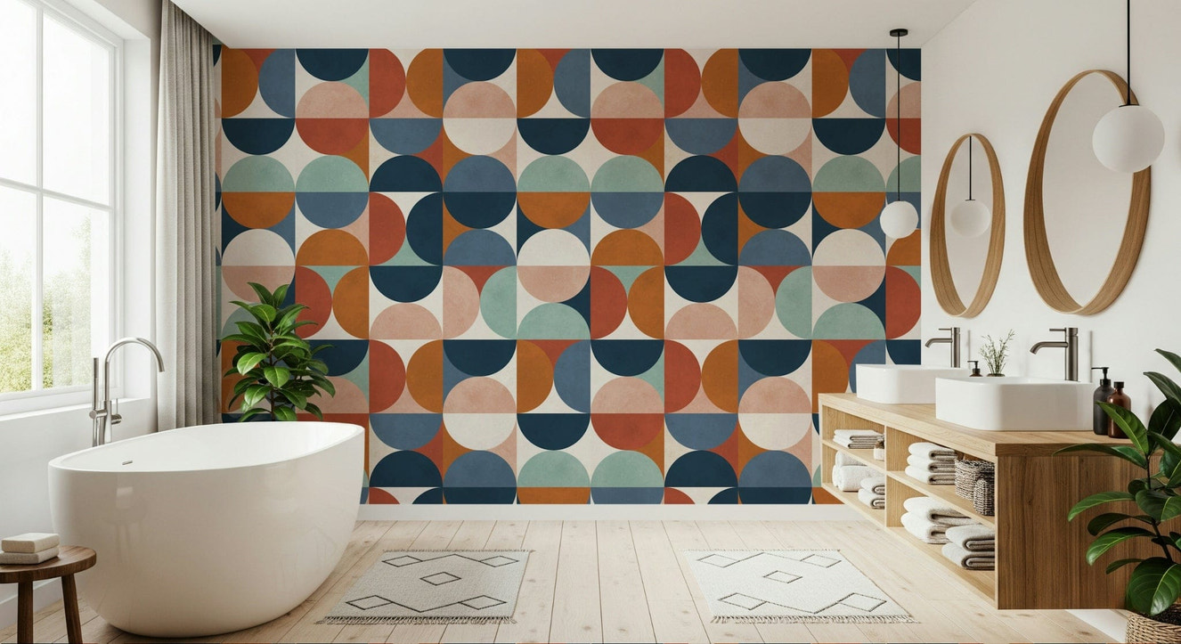 Retro Rhythm wallpaper for walls, abstract geometric semicircles pattern design.