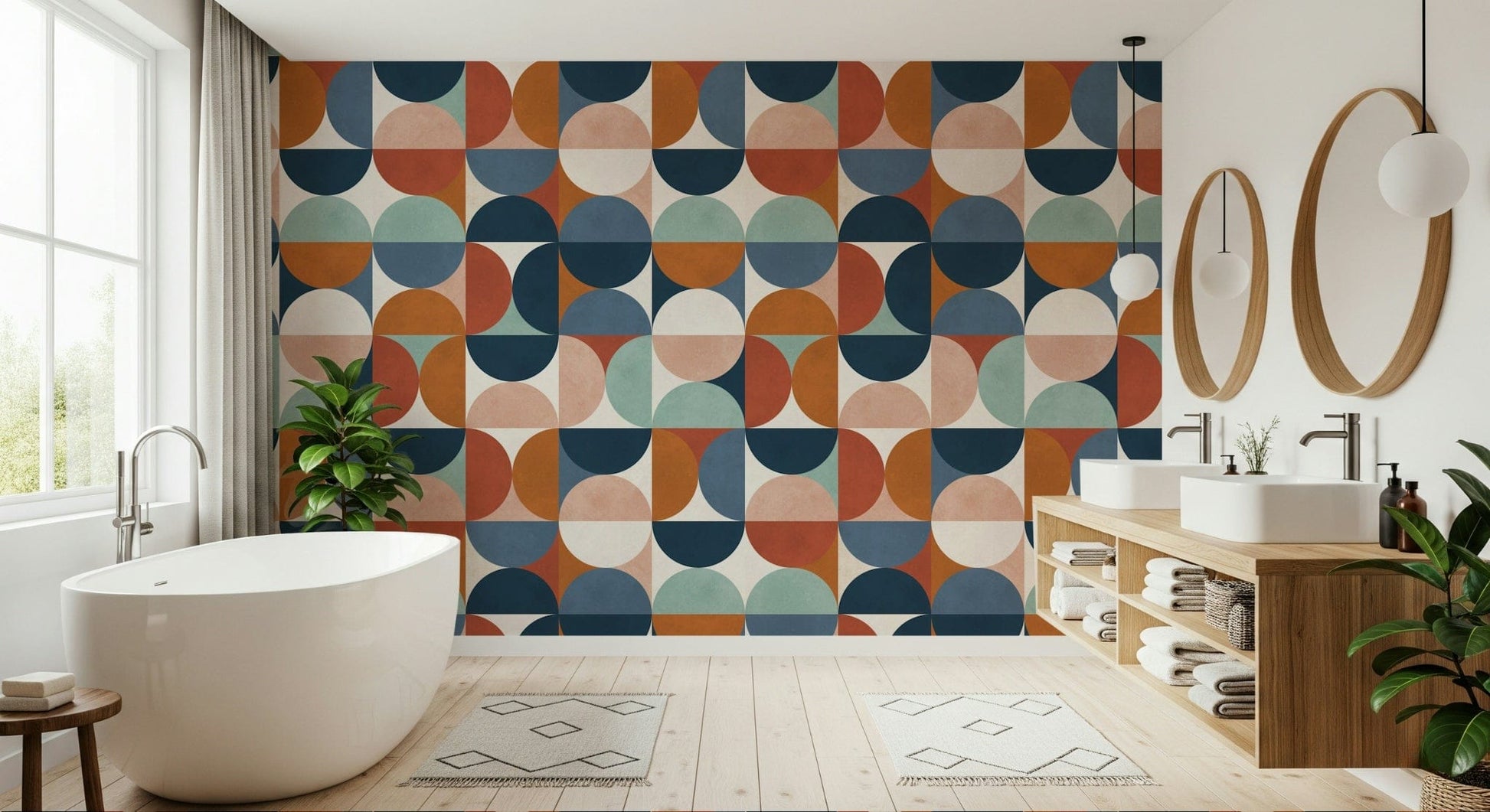 Retro Rhythm wallpaper for walls, abstract geometric semicircles pattern design.
