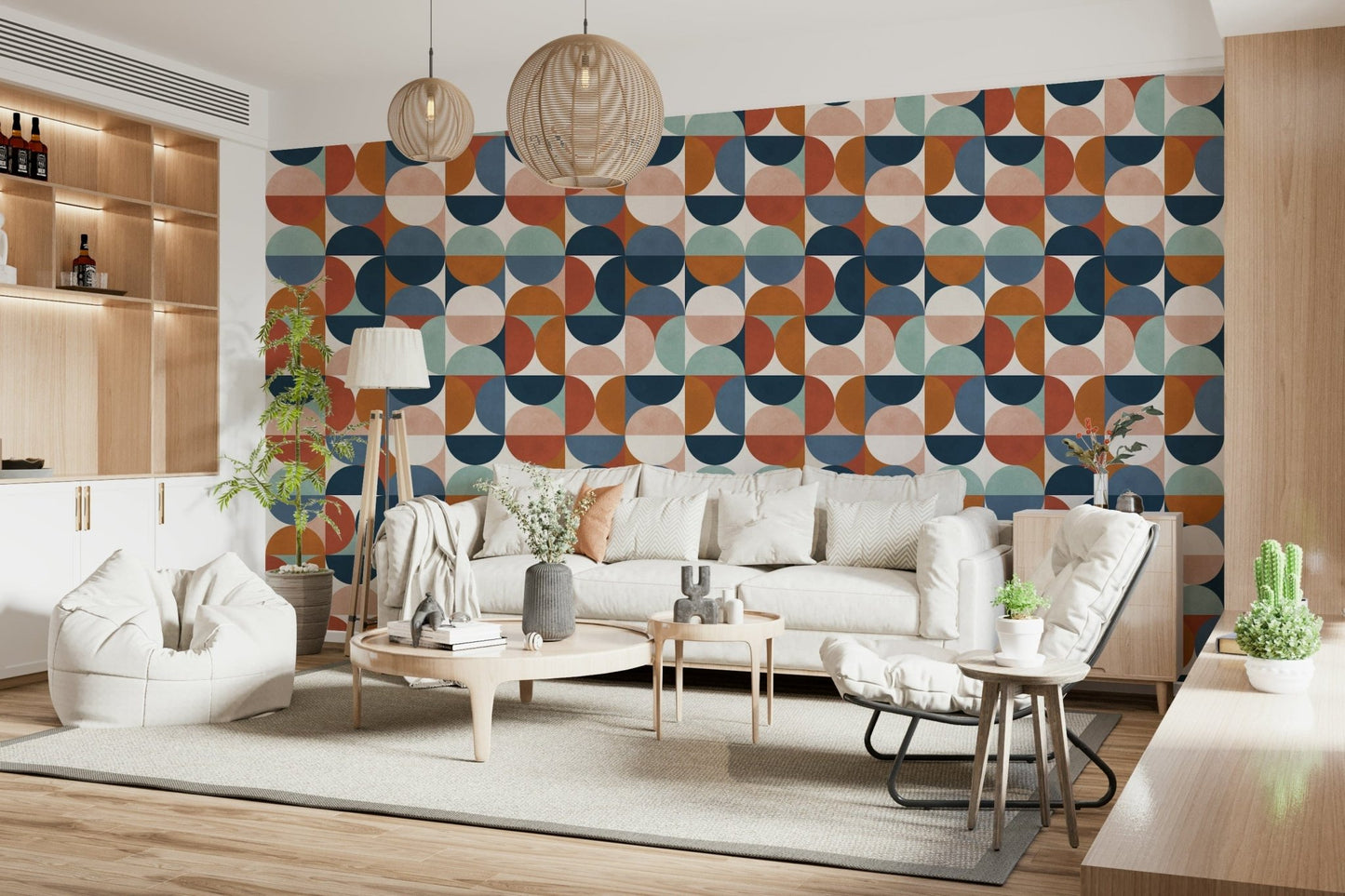 Colorful geometric design, Retro Rhythm, perfect accent wall decor solution.