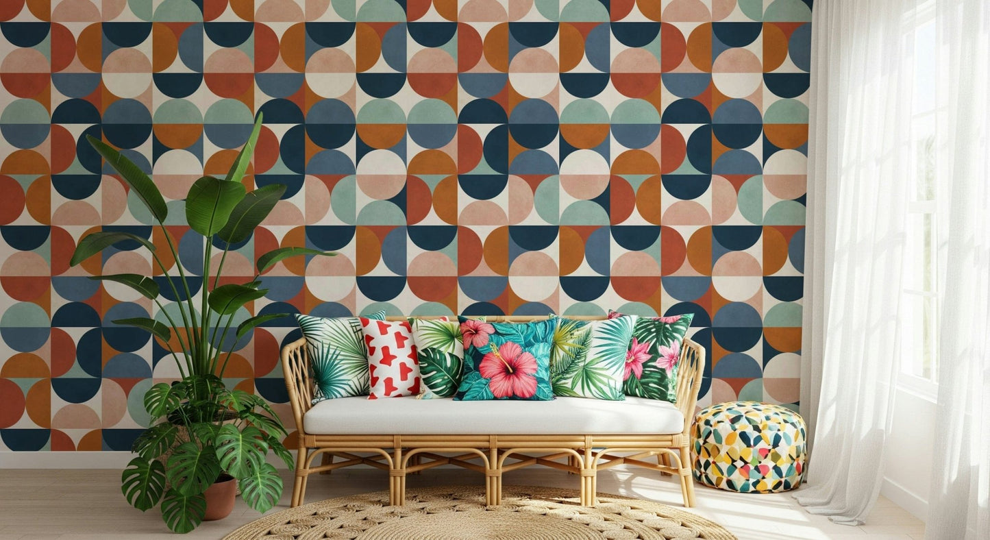 Vintage aesthetic wall mural, Retro Rhythm, featuring colorful circular shapes.