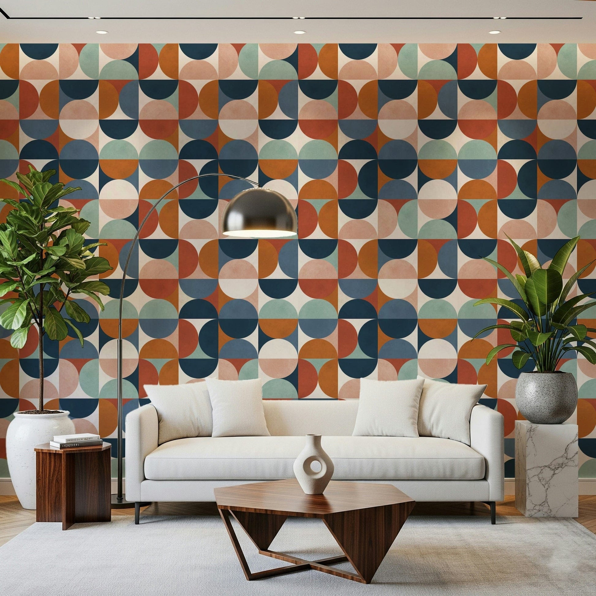 Retro Rhythm peel and stick wallpaper, terracotta, teal, navy, orange circles.