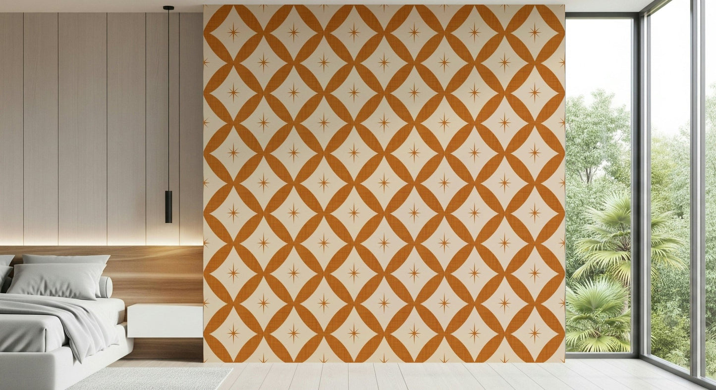Geometric starburst pattern on Retro Starburst Interweave Wallpaper.