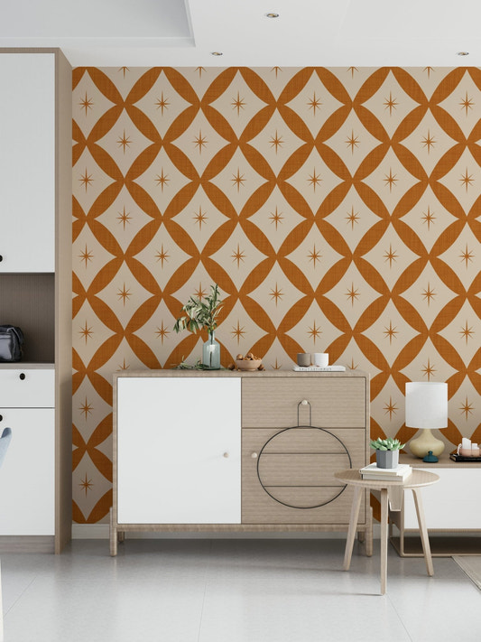 Earthy background color blocks on Retro Starburst Interweave Wallpaper print.