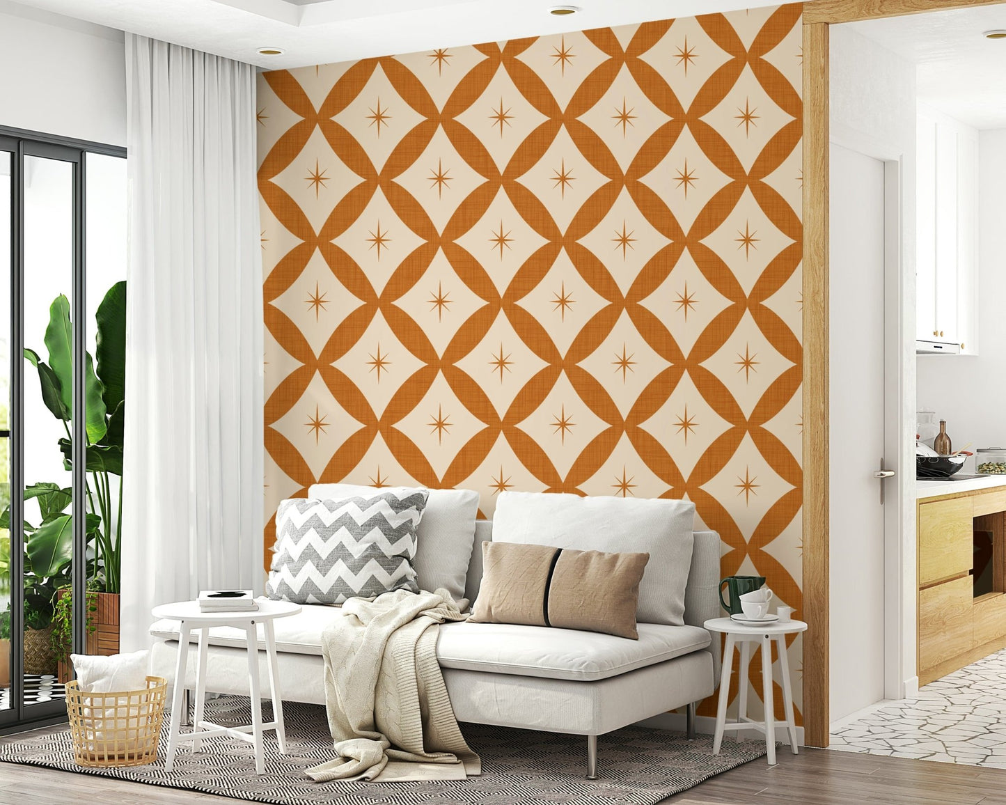 Curvaceous, apricot peel and stick wallpaper, hypnotic Retro Starburst pattern.