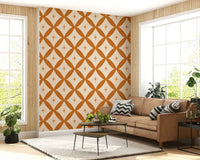 Saffron rings, celestial bursts, elegant Retro Starburst Interweave Wallpaper design.