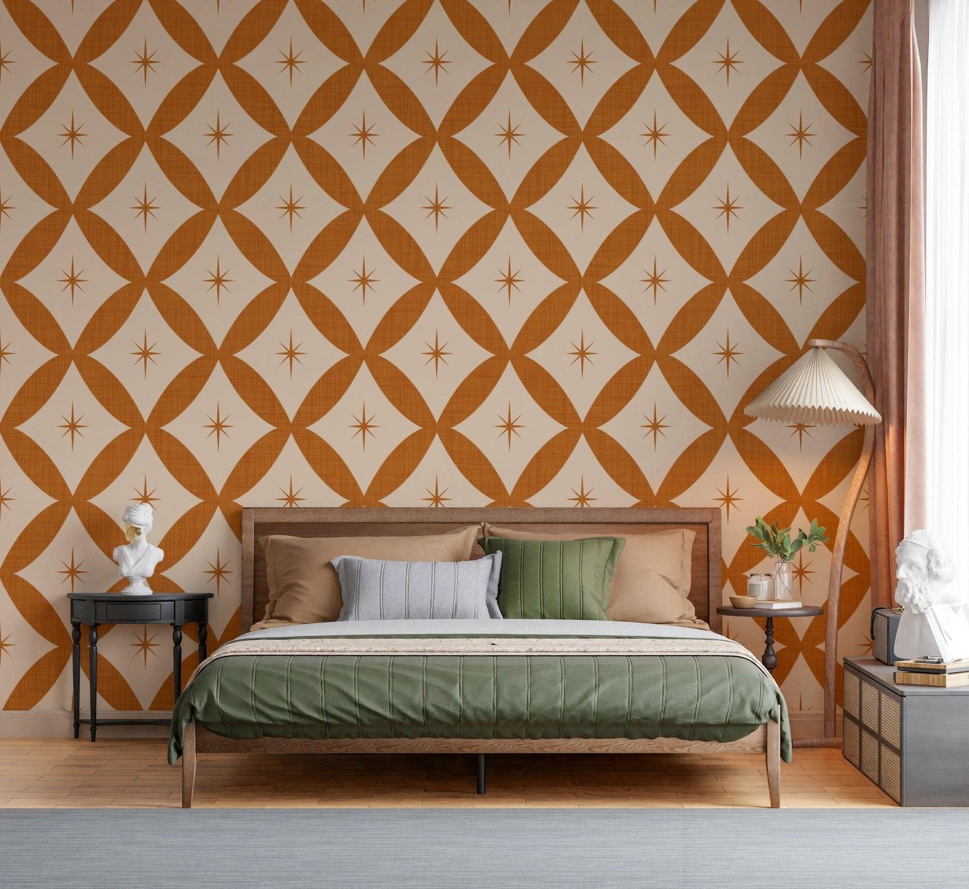 Retro Interweave Wallpaper, mod starbursts, sepia tones, geometric wallpaper for walls.