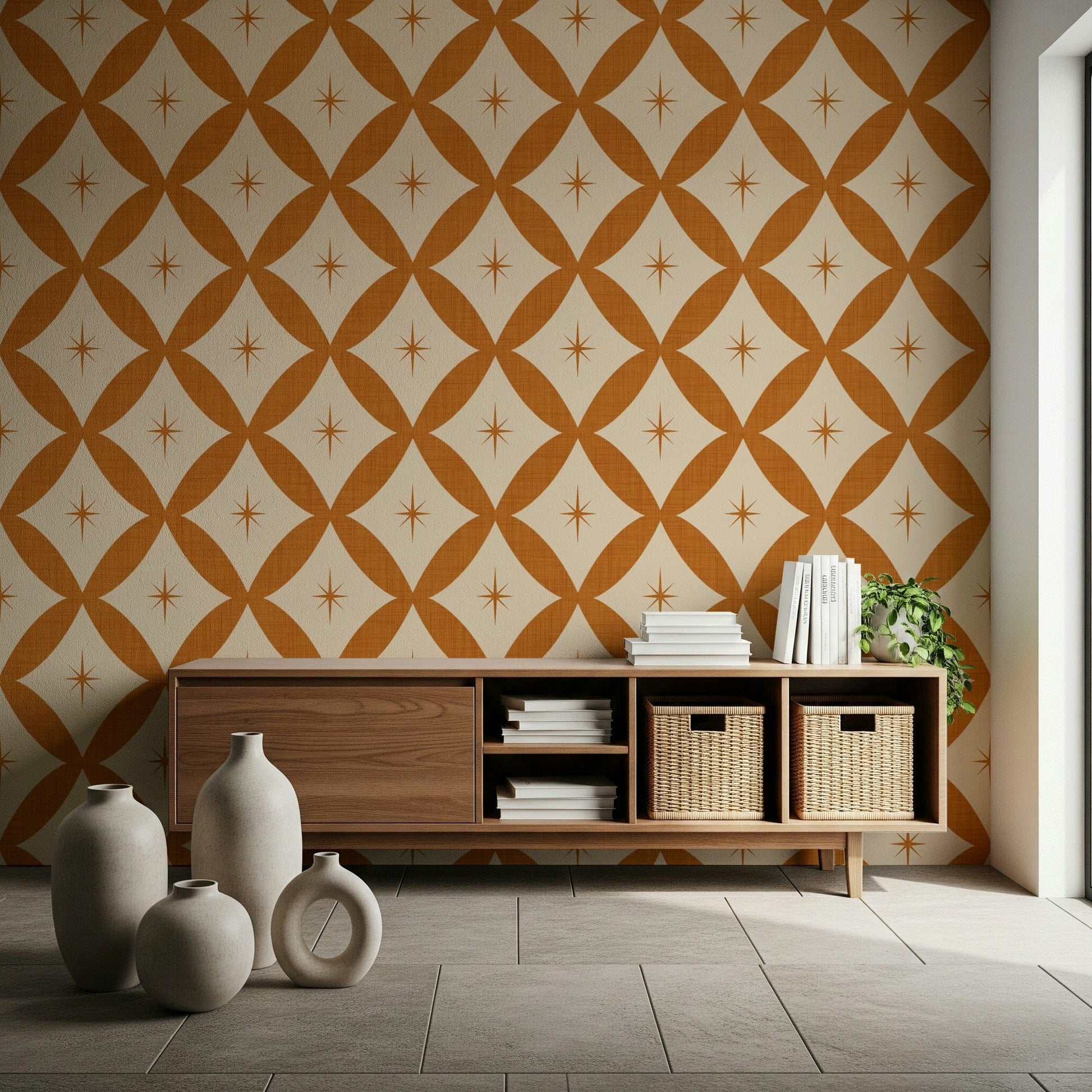 Retro Starburst Interweave Wallpaper, tangerine trellis, swanky design, bold.