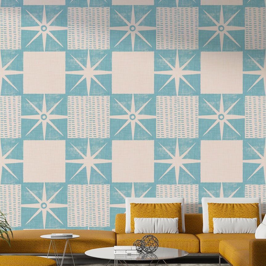 Starburst quilt block wallpaper blue

