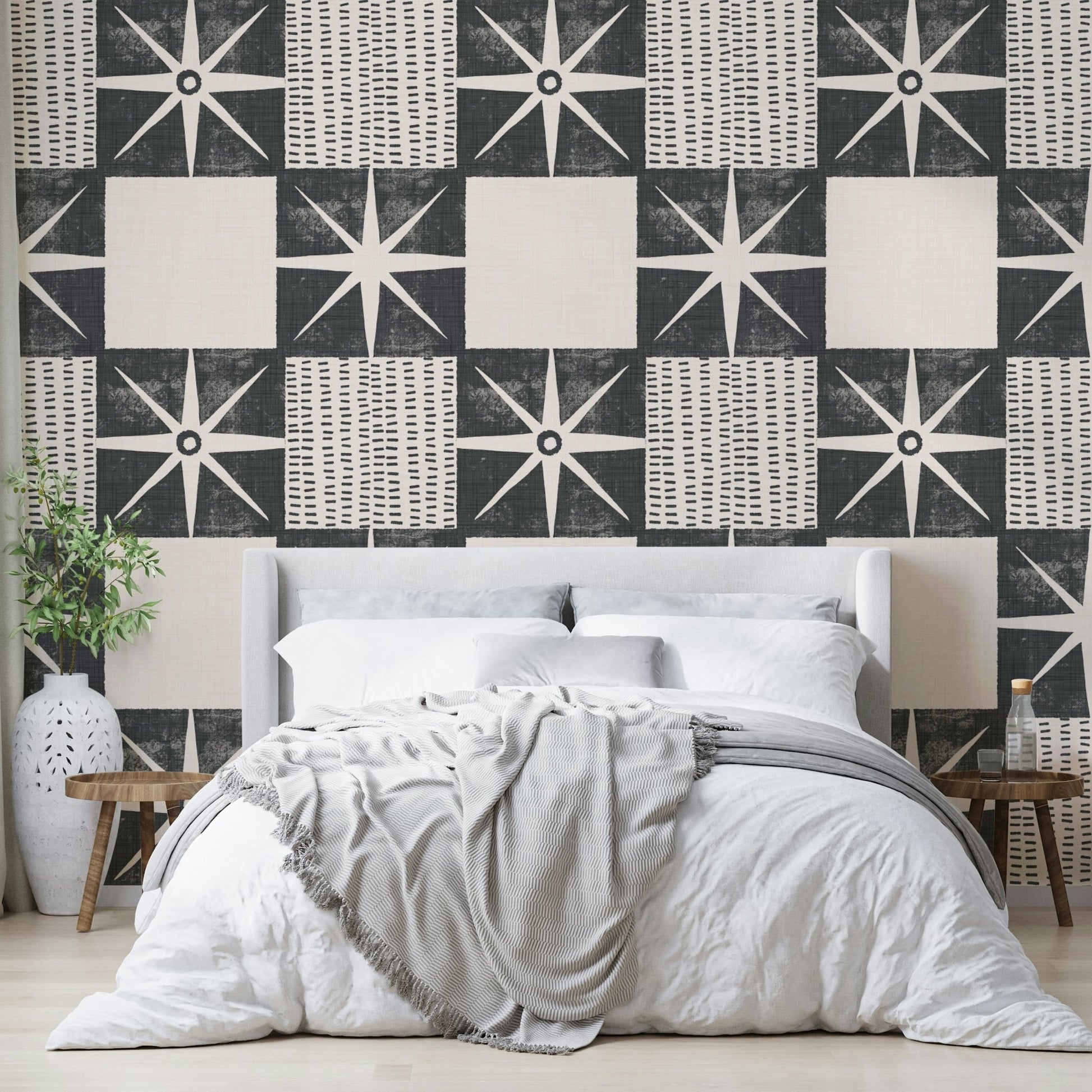 Charcoal starburst wallpaper quilt block


