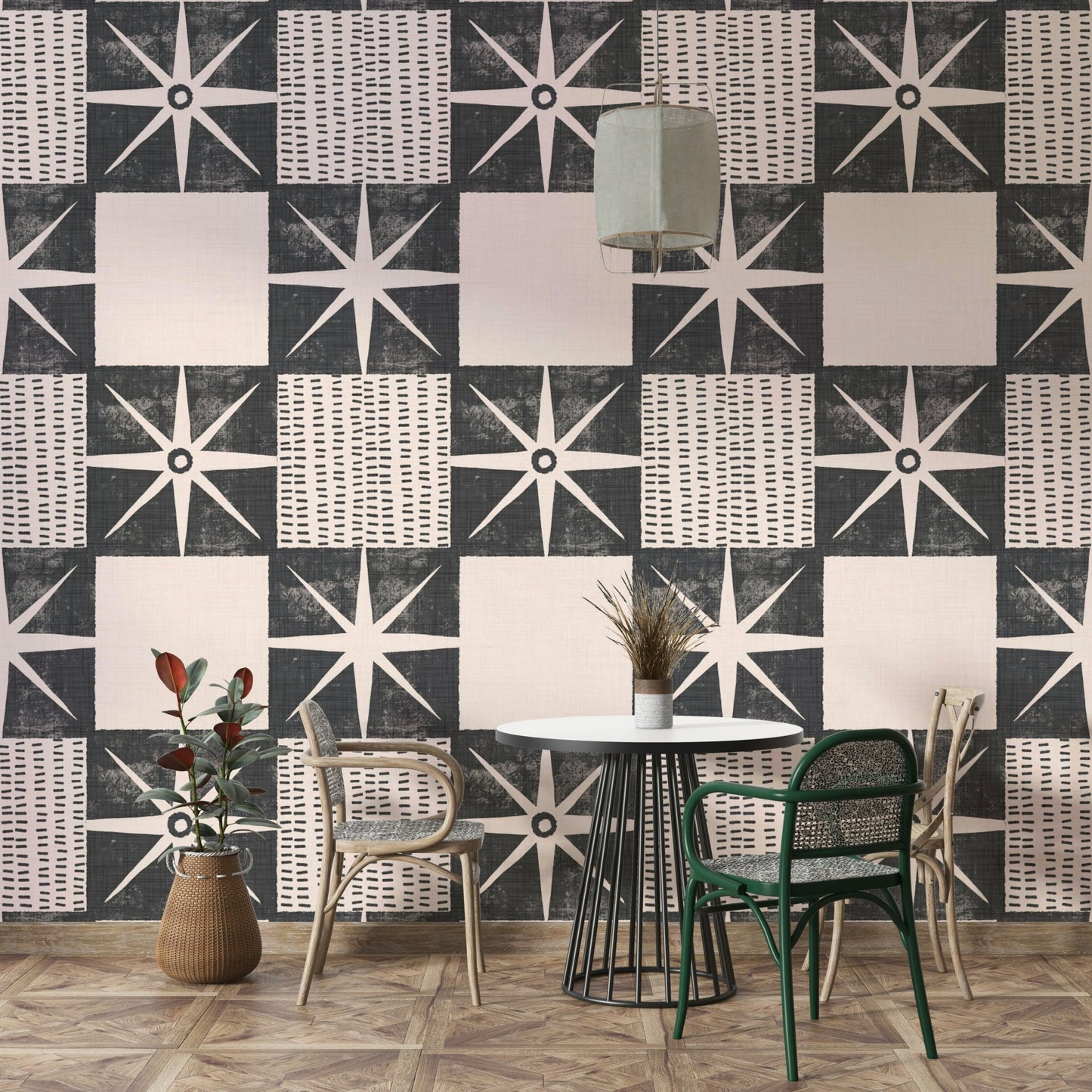 Starburst quilt block wallpaper charcoal


