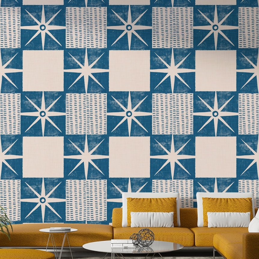 Starburst quilt block wallpaper indigo


