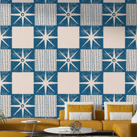 Starburst quilt block wallpaper indigo

