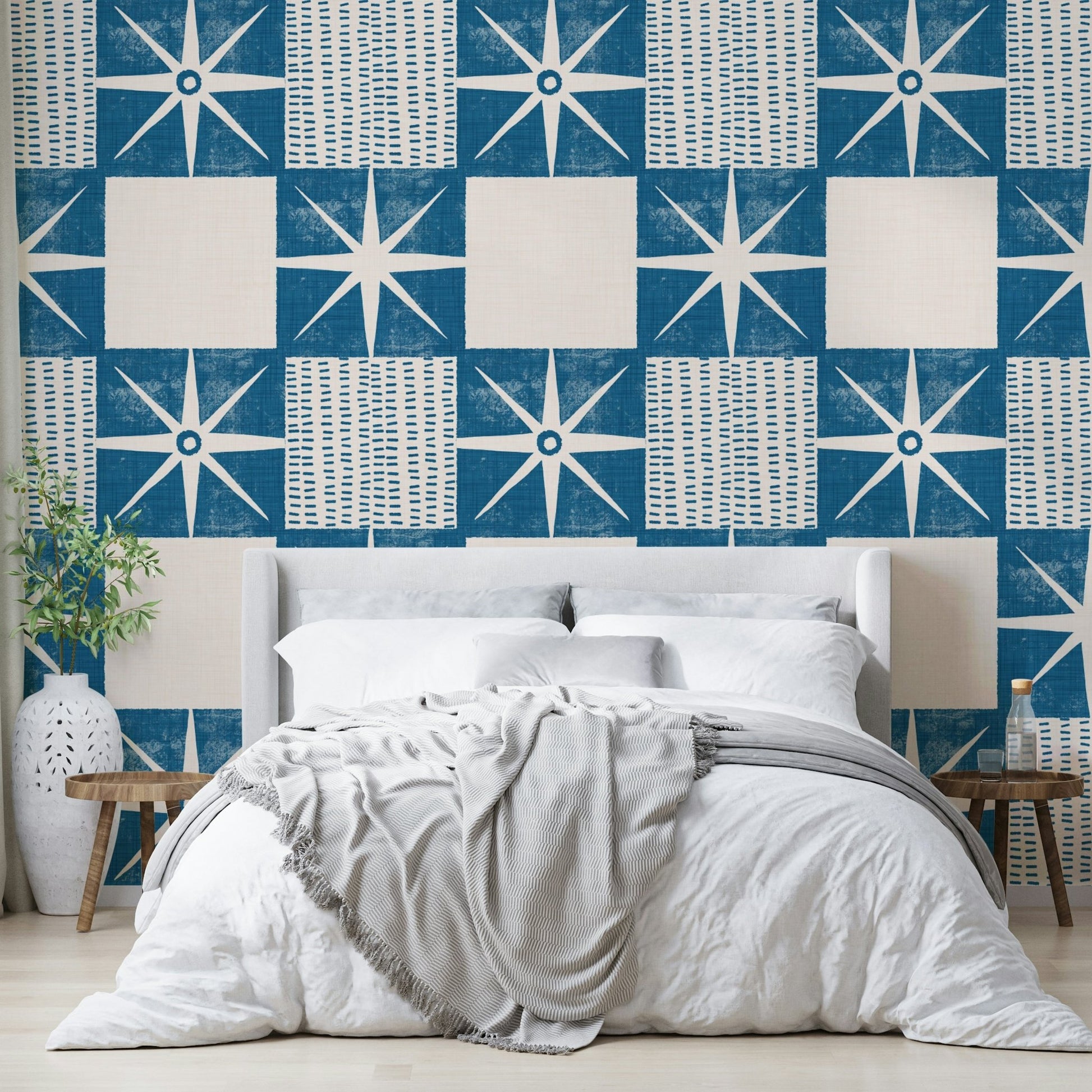 Indigo mid century starburst wallpaper


