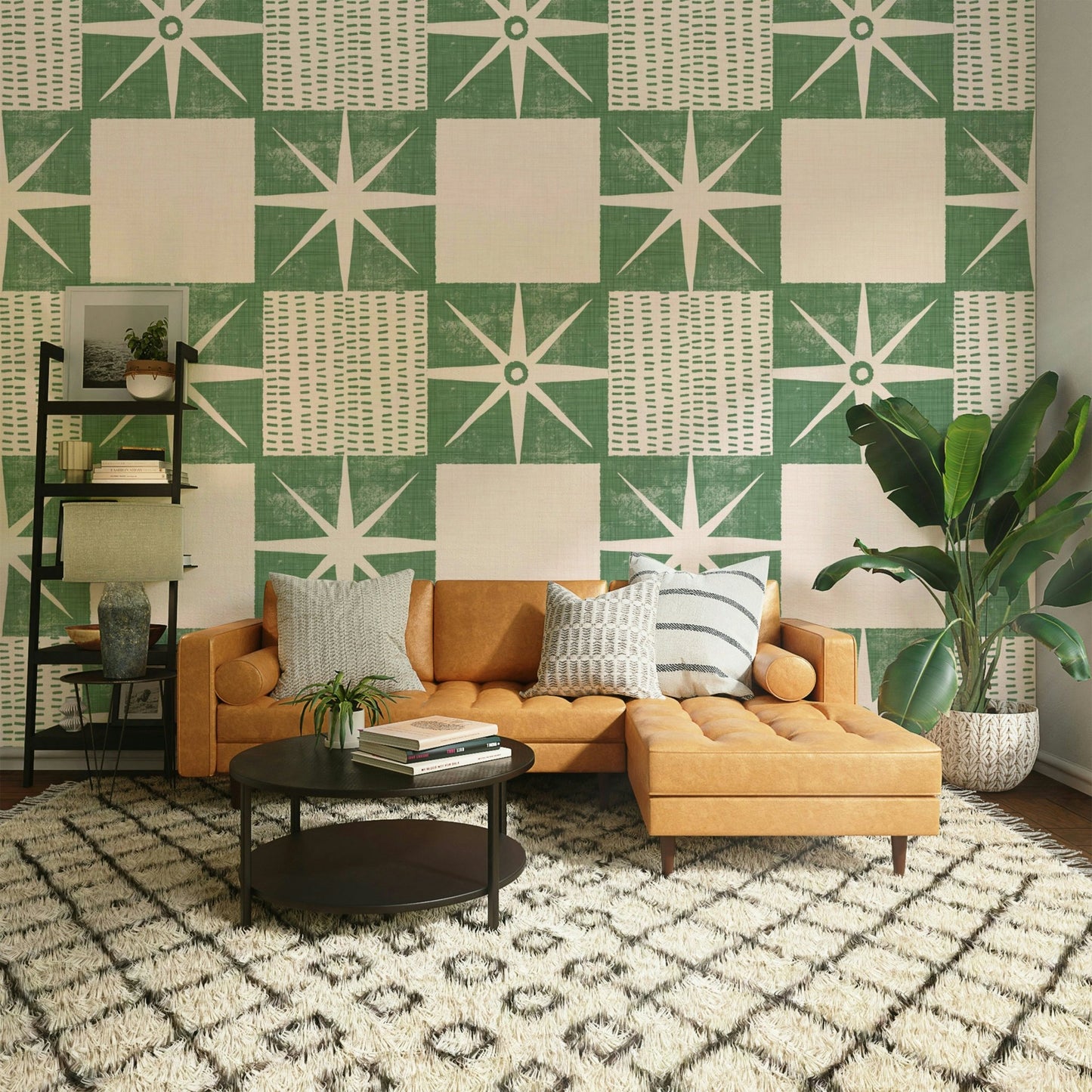 Retro starburst wallpaper sage green, GD1032